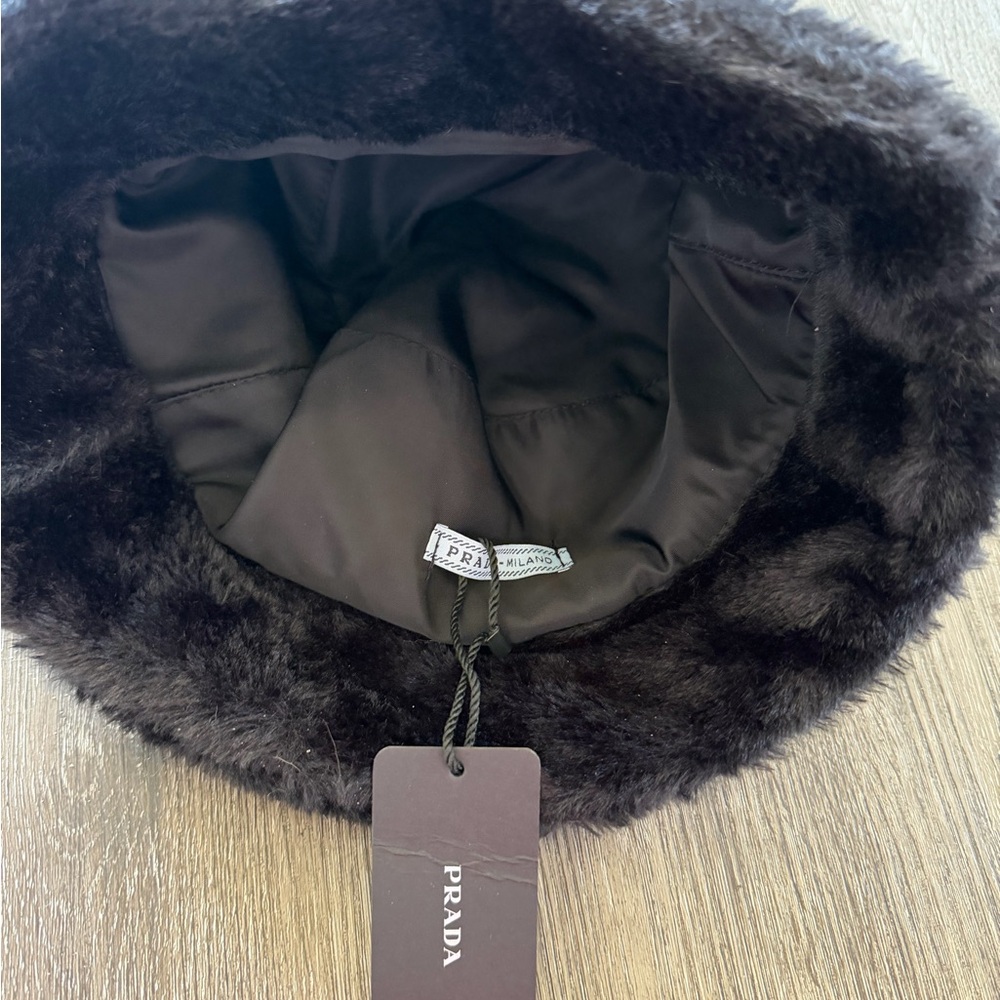 Black Faux Fur Bucket Hat with Logo Tag - Picture 2 of 3